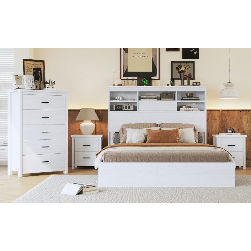 4-Pieces Bedroom Sets Queen Size Vintage Wooden Bed Frame with 2 Nightstands and 1 Dresser, White