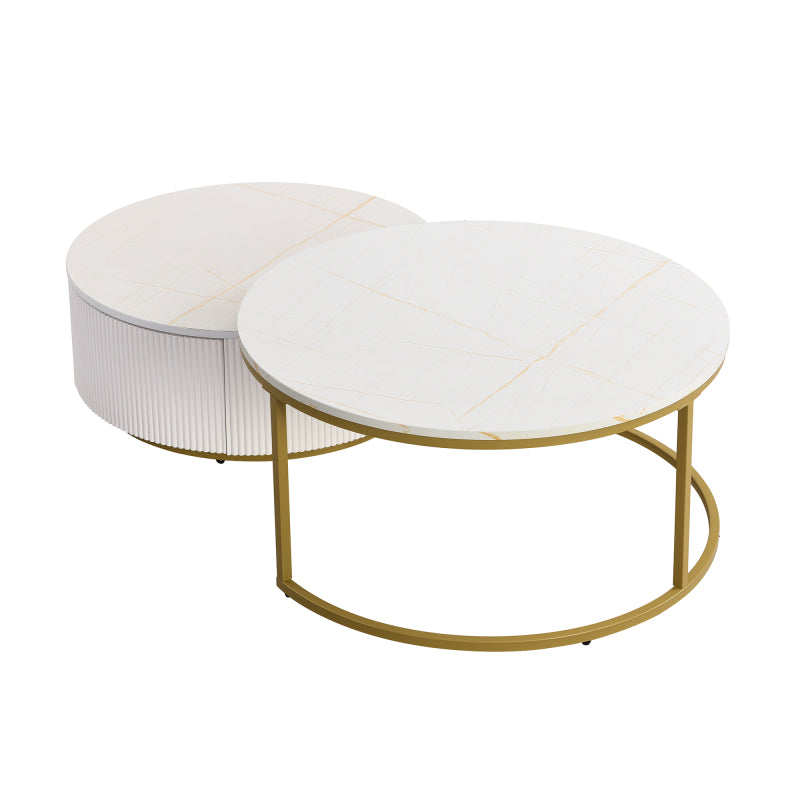 27.6" Round Nesting Coffee Table | Fluted, White & Gold with Drawer