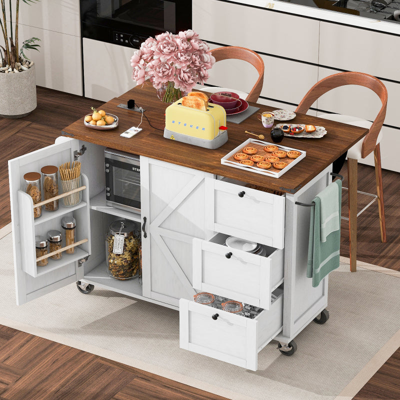 54.5" Farmhouse Kitchen Island – Drop Leaf, Power Outlet, Storage Racks, Rolling Cart-white