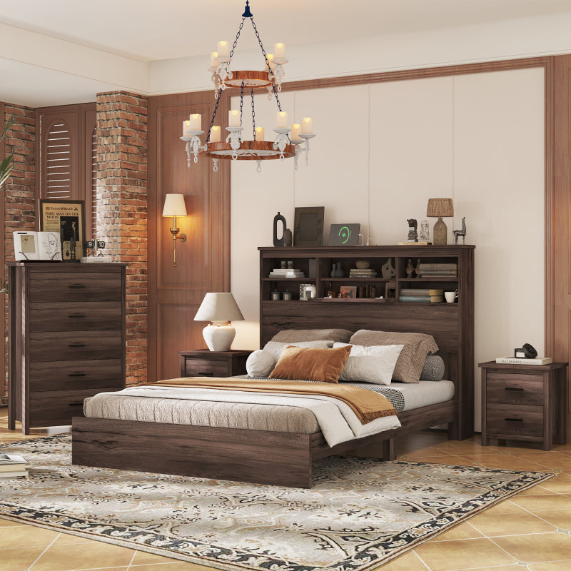 4-Pieces Bedroom Sets Queen Size Vintage Wooden Bed Frame with 2 Nightstands and 1 Dresser, White