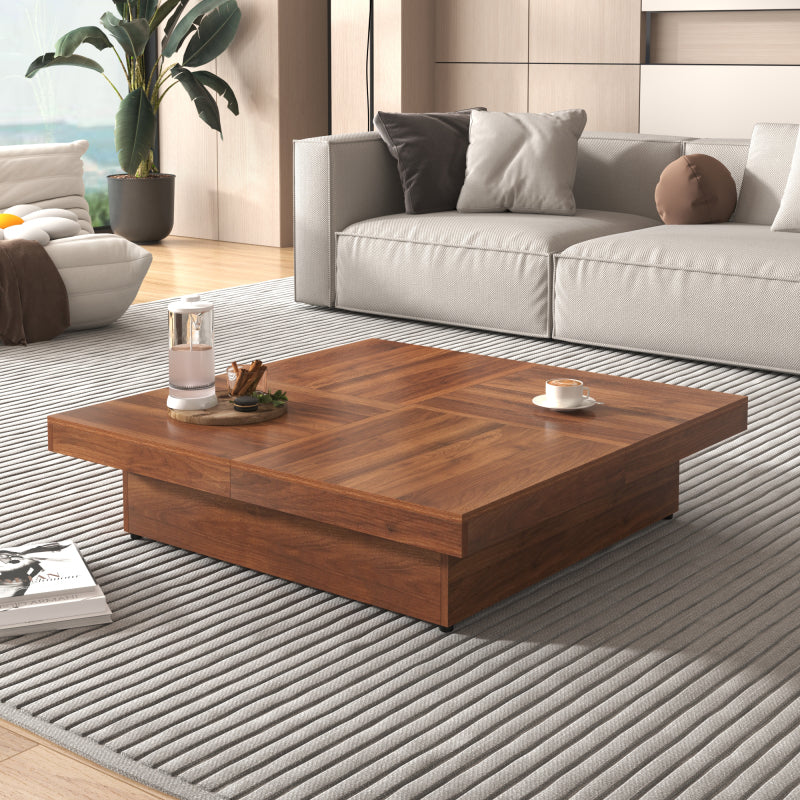 Square Veneer Coffee Table Sliding Top with Storage in Walnut 39.4''