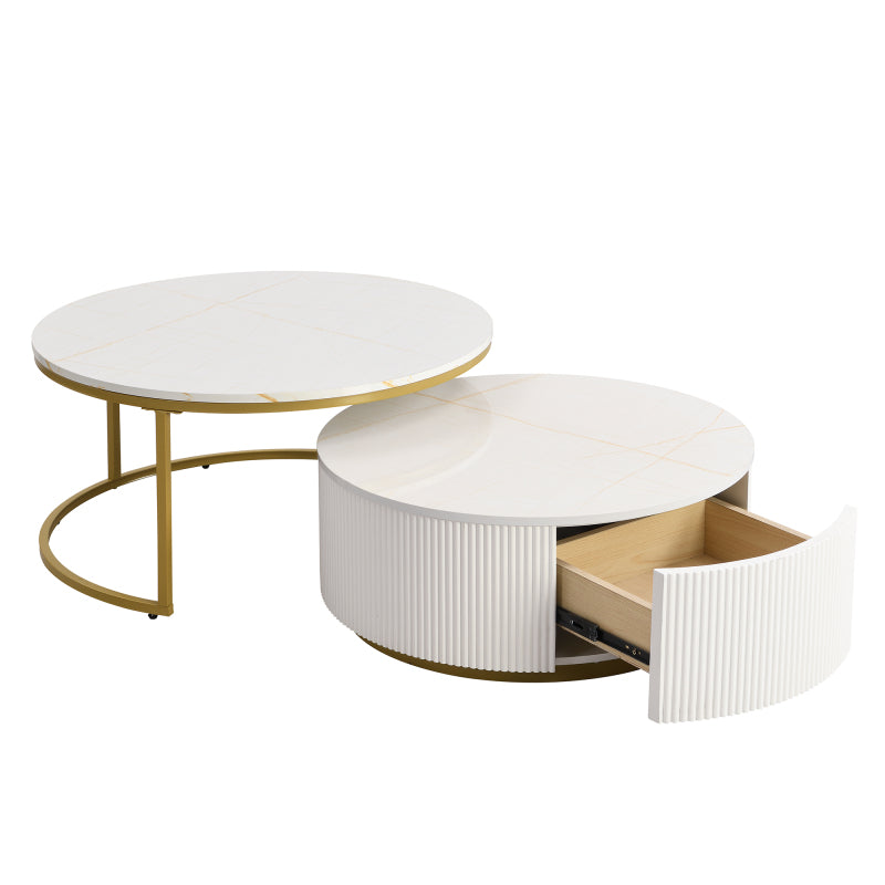 27.6" Round Nesting Coffee Table | Fluted, White & Gold with Drawer