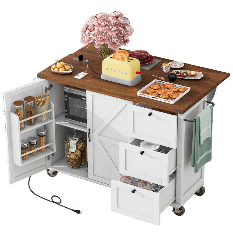 54.5" Farmhouse Kitchen Island – Drop Leaf, Power Outlet, Storage Racks, Rolling Cart-white