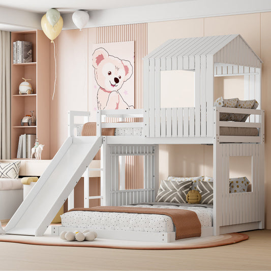 Wooden Twin Over Full Bunk Bed with Slide & Ladder – Farmhouse Playhouse Design