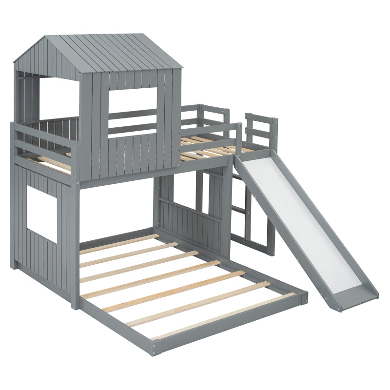 Wooden Twin Over Full Bunk Bed with Slide & Ladder – Farmhouse Playhouse Design