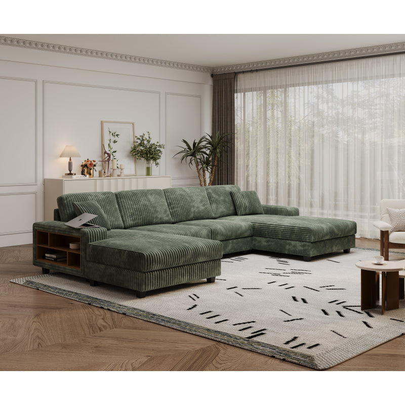 U-Shaped 4 Seat Corduroy Sectional Sofa, Green