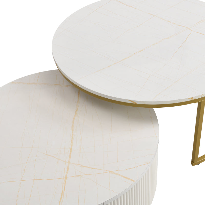 27.6" Round Nesting Coffee Table | Fluted, White & Gold with Drawer