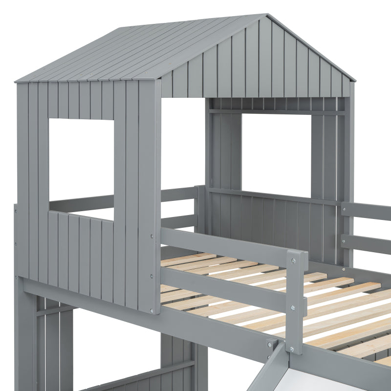 Wooden Twin Over Full Bunk Bed with Slide & Ladder – Farmhouse Playhouse Design