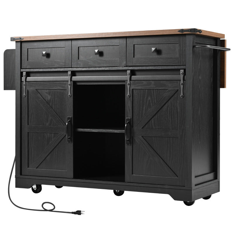 Black Rolling Kitchen Cart - 53.7" Island with Barn Doors & Storage