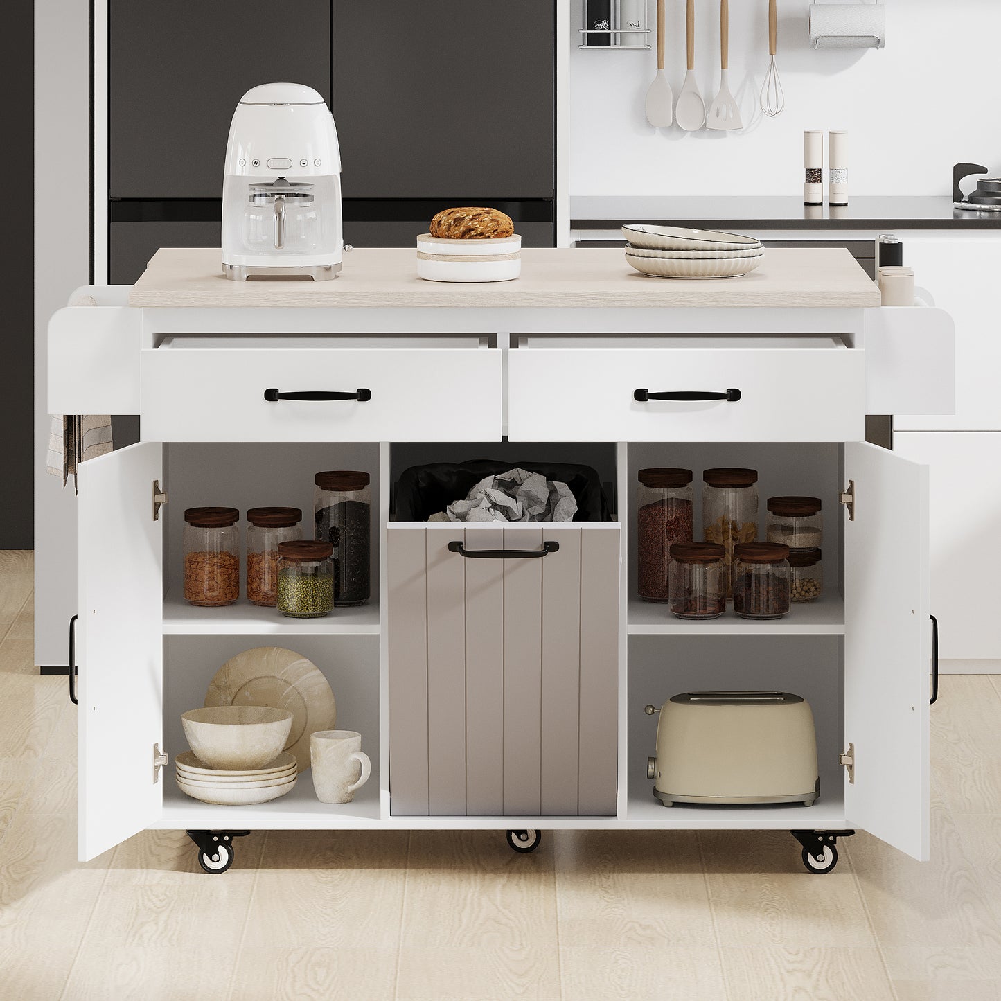 White Kitchen Island with Trash Cabinet & Drop Leaf