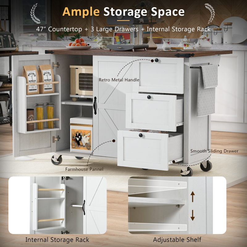 54.5" Farmhouse Kitchen Island – Drop Leaf, Power Outlet, Storage Racks, Rolling Cart-white