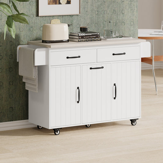 White Kitchen Island with Trash Cabinet & Drop Leaf