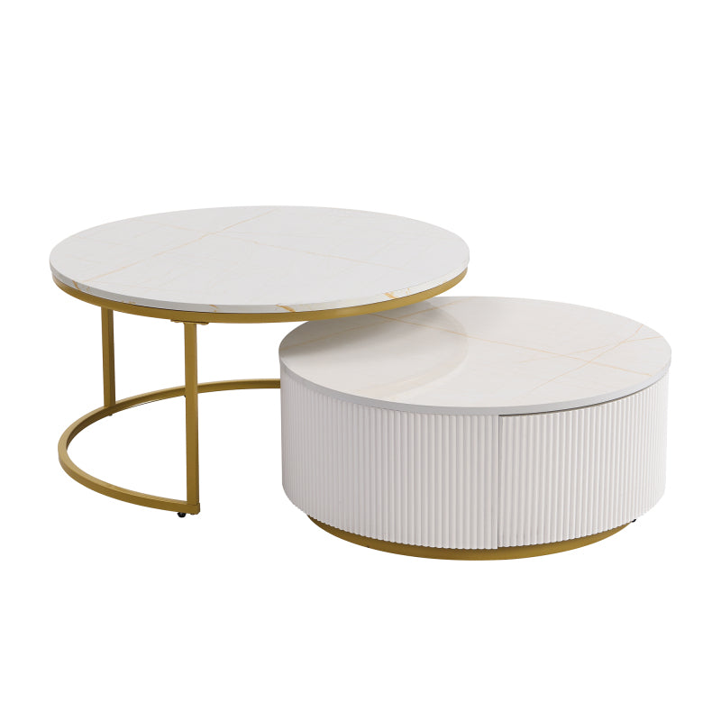 27.6" Round Nesting Coffee Table | Fluted, White & Gold with Drawer