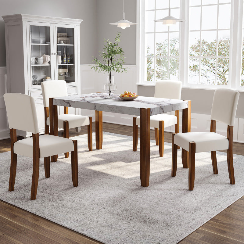 4-Piece Modern Dining Set - Faux Marble Table with 2 Chairs & Bench