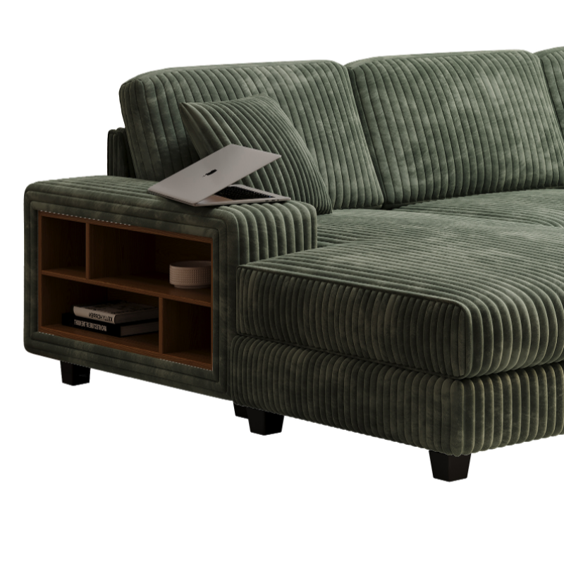 U-Shaped 4 Seat Corduroy Sectional Sofa, Green