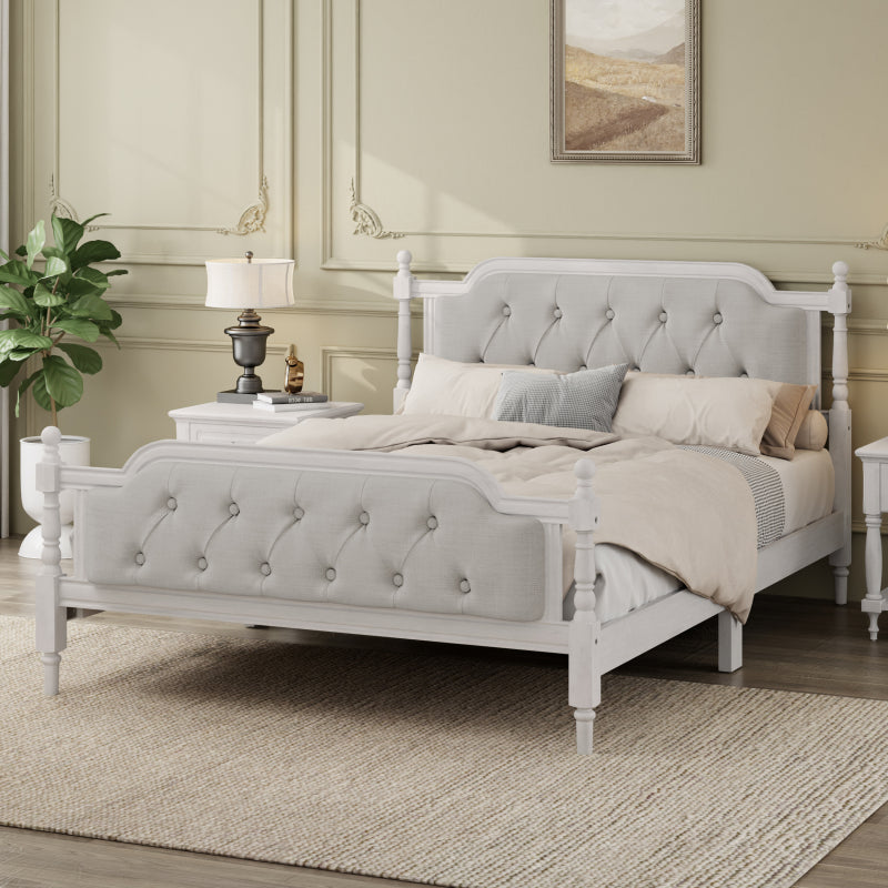 Queen Solid Wood Bed Frame with Tufted Headboard - No Box Spring, Antique Walnut