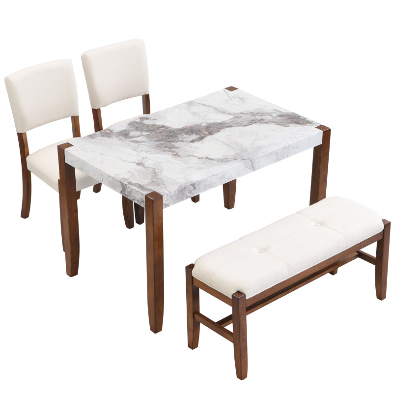 4-Piece Modern Dining Set - Faux Marble Table with 2 Chairs & Bench