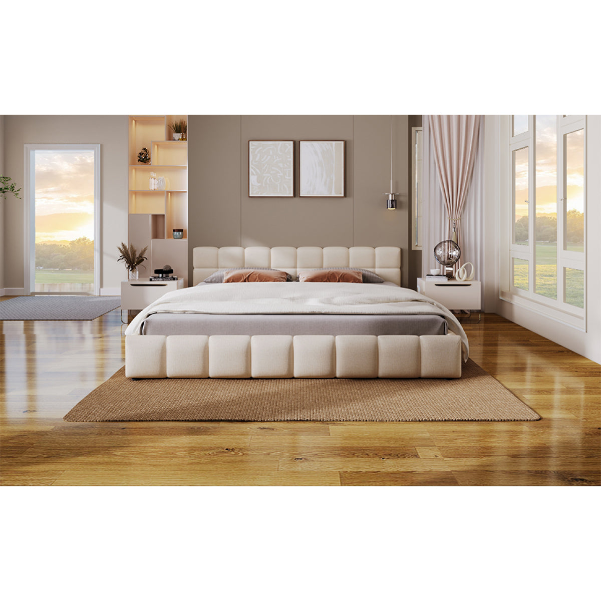 Elegant Beige Chenille Upholstered Bed with Checkerboard Design, King, Beige