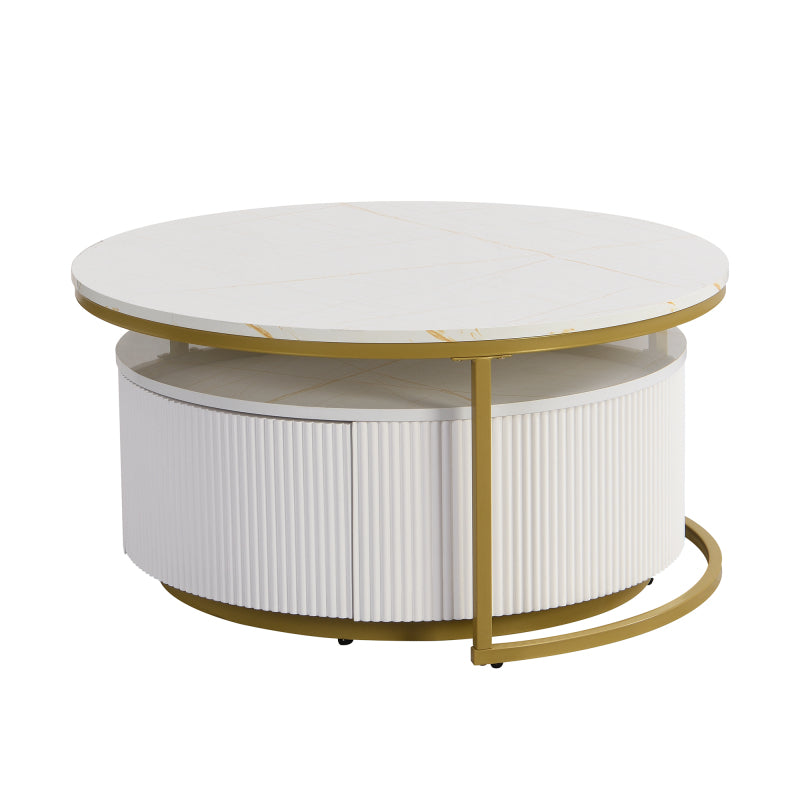 27.6" Round Nesting Coffee Table | Fluted, White & Gold with Drawer