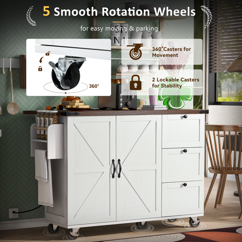 54.5" Farmhouse Kitchen Island – Drop Leaf, Power Outlet, Storage Racks, Rolling Cart-white