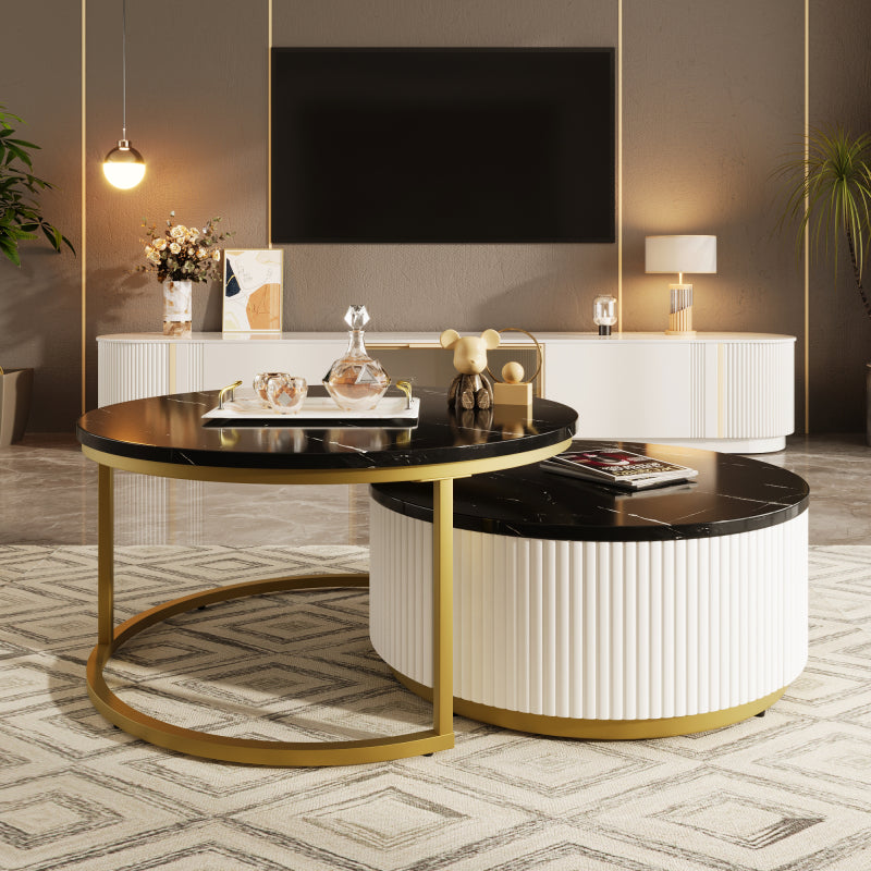 27.6" Round Nesting Coffee Table | Fluted, White & Gold with Drawer