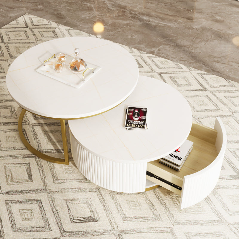 27.6" Round Nesting Coffee Table | Fluted, White & Gold with Drawer