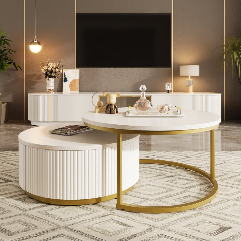 27.6" Round Nesting Coffee Table | Fluted, White & Gold with Drawer