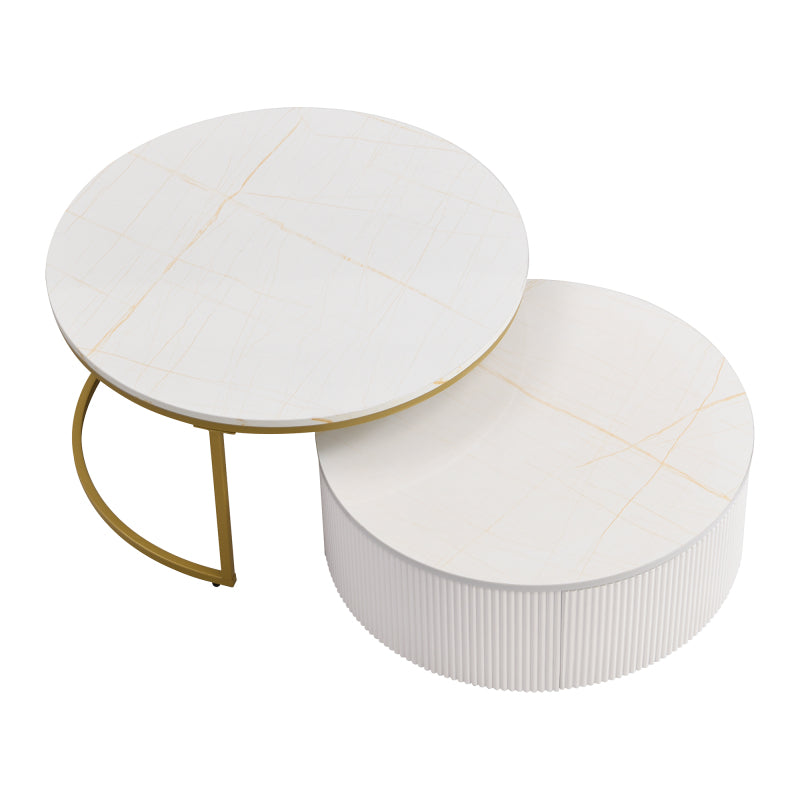 27.6" Round Nesting Coffee Table | Fluted, White & Gold with Drawer