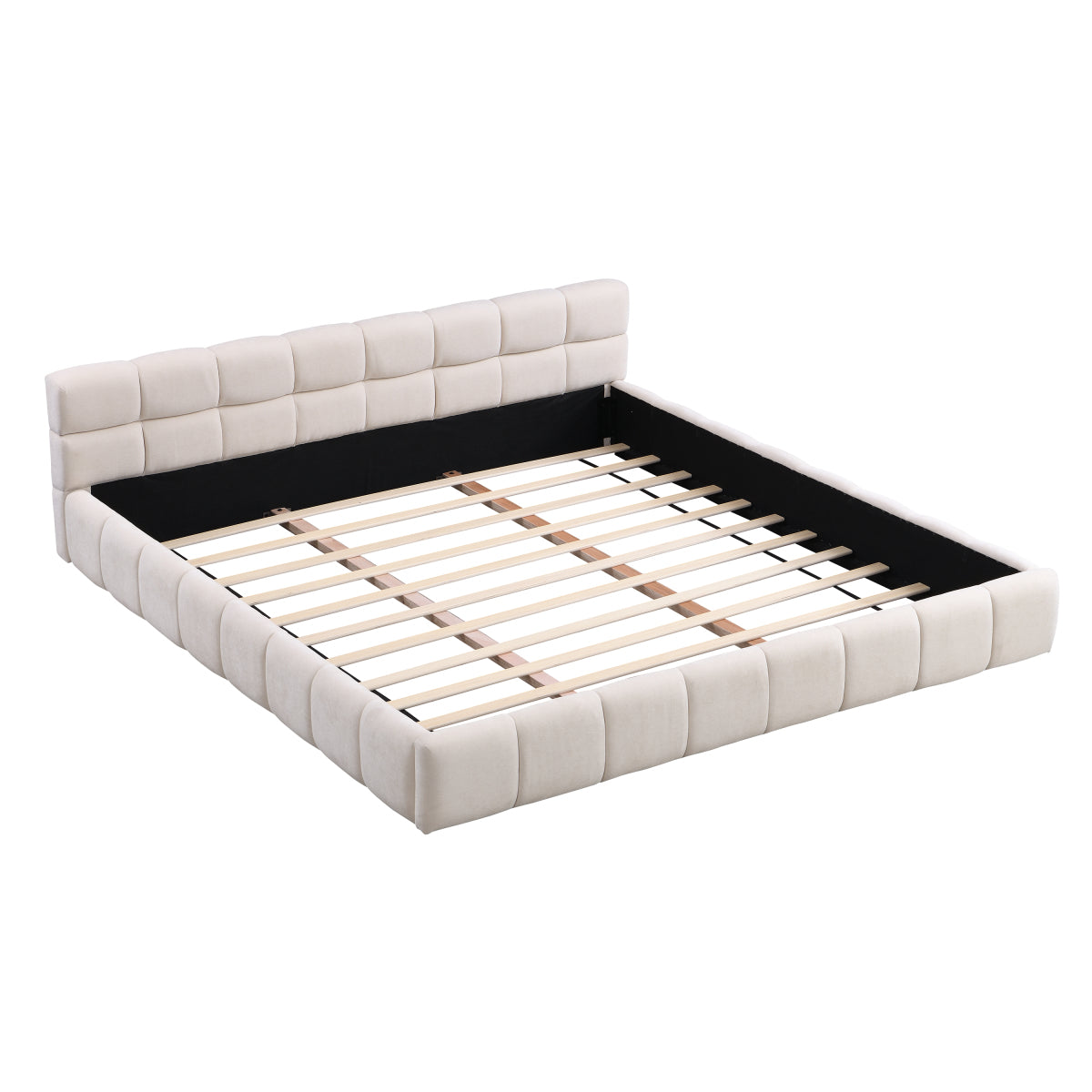 Elegant Beige Chenille Upholstered Bed with Checkerboard Design, King, Beige