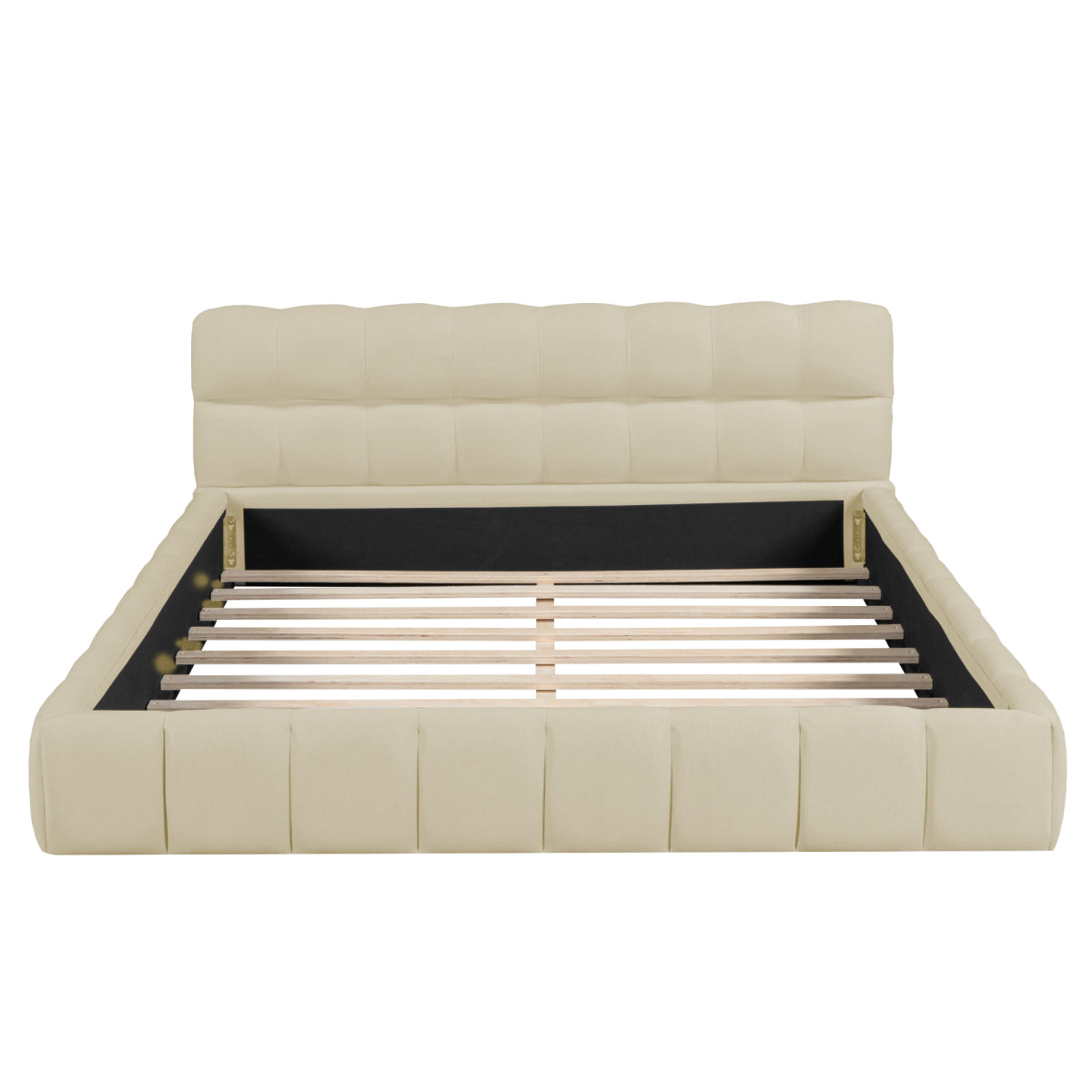 Modern Queen Grounded Bed: Beige Thick Fabric Upholstered Platform Bed