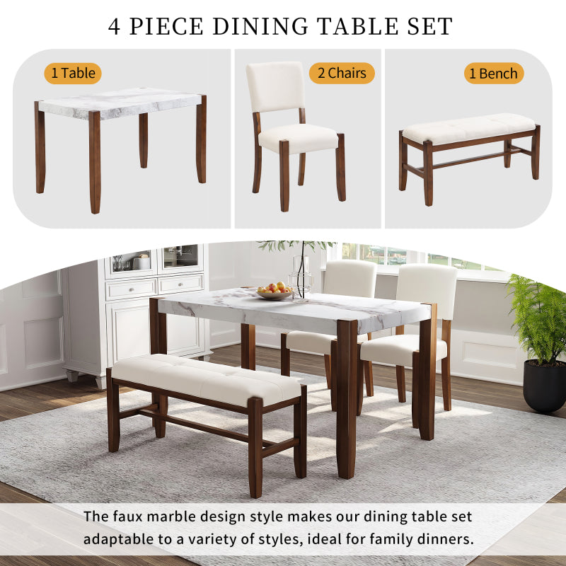 4-Piece Modern Dining Set - Faux Marble Table with 2 Chairs & Bench