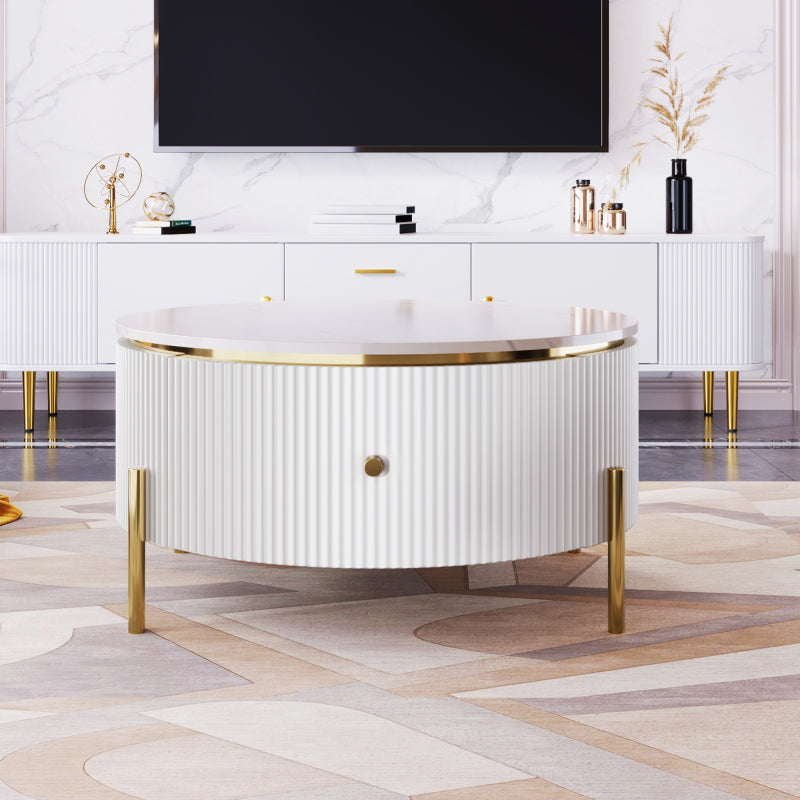 27.6" Round Nesting Coffee Table | Fluted, White & Gold with Drawer