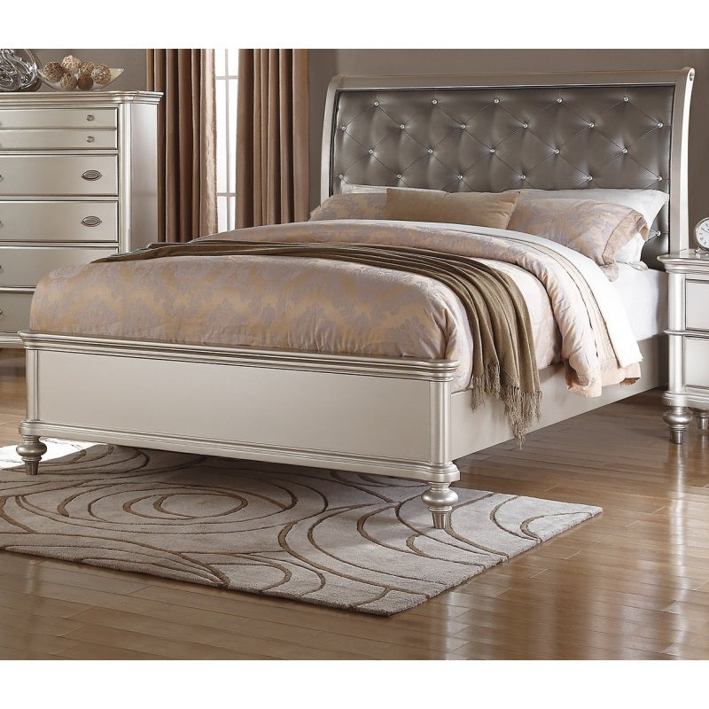 Silver Faux Leather Glamorous 3pc Bedroom Set Queen Size Bed 2x Nightstands Tufted Headboard Furniture