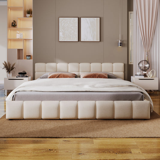 Elegant Beige Chenille Upholstered Bed with Checkerboard Design, King, Beige