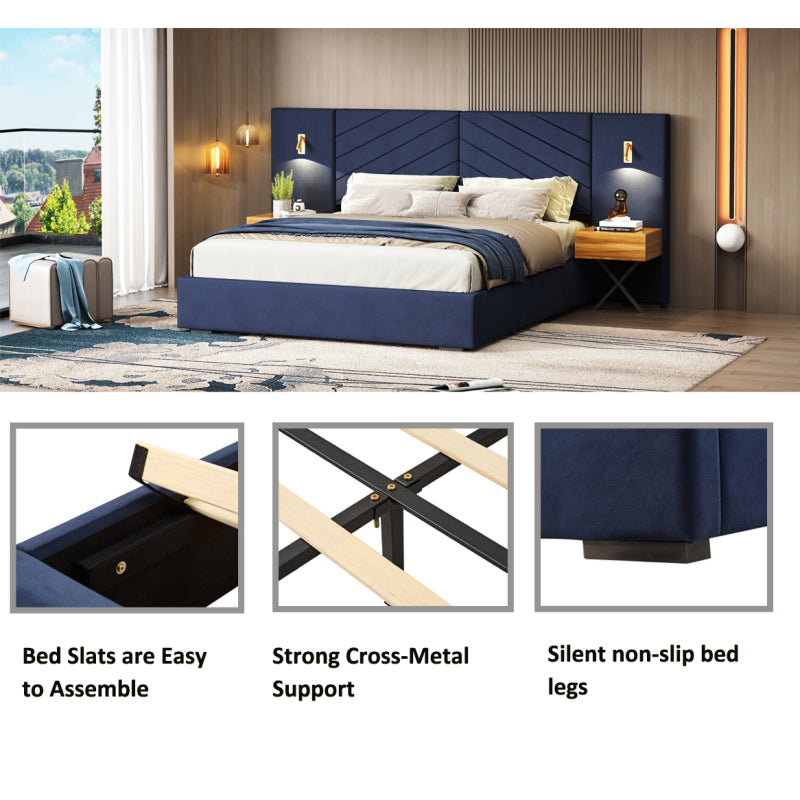 King Size Velvet Platform Bed Frame with Wingback Headboard - No Box Spring Needed, Royal Blue