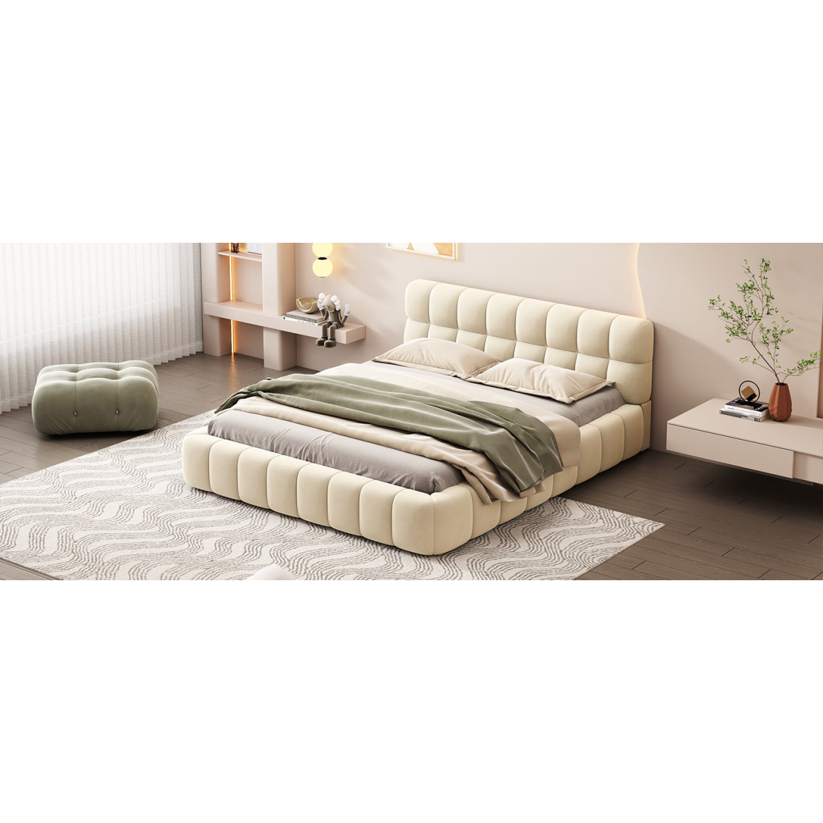 Modern Queen Grounded Bed: Beige Thick Fabric Upholstered Platform Bed