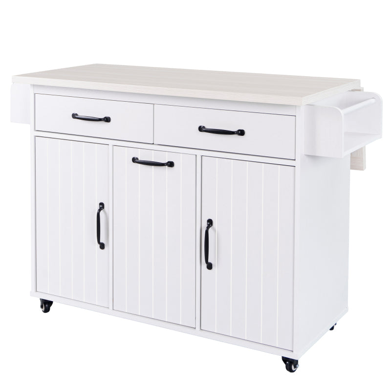 White Kitchen Island with Trash Cabinet & Drop Leaf