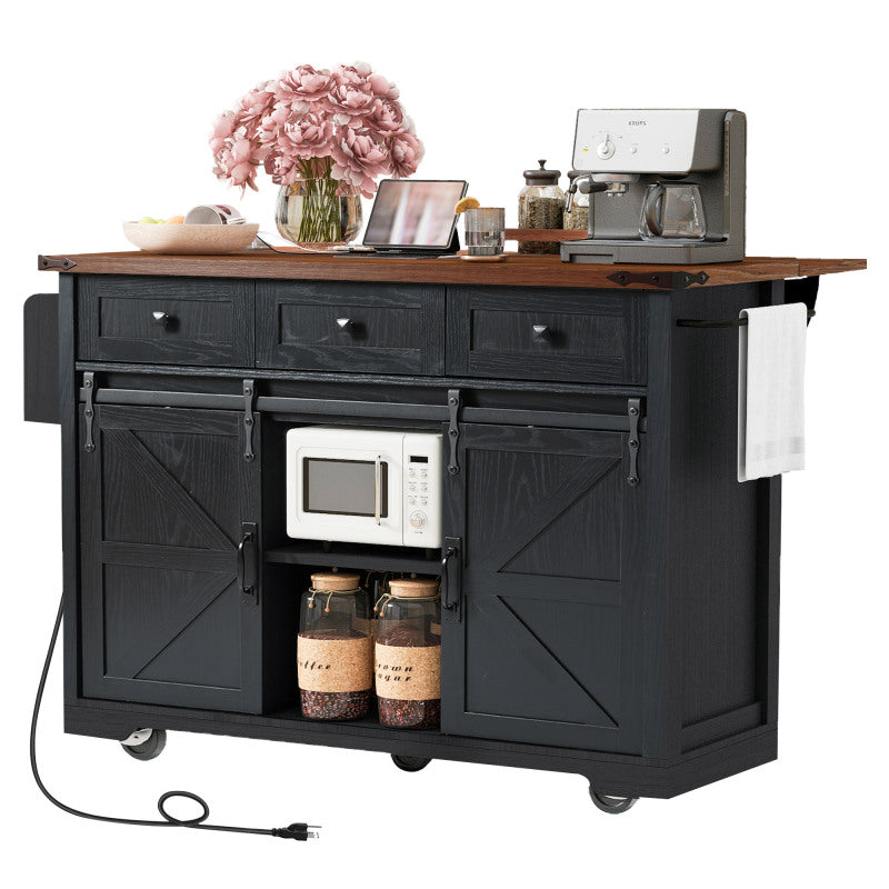 Black Rolling Kitchen Cart - 53.7" Island with Barn Doors & Storage