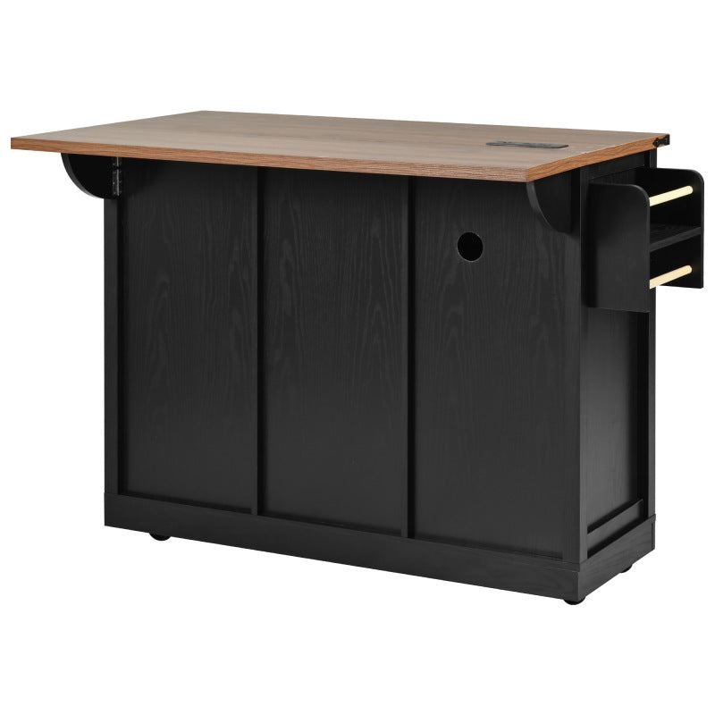 Black Rolling Kitchen Cart - 53.7" Island with Barn Doors & Storage