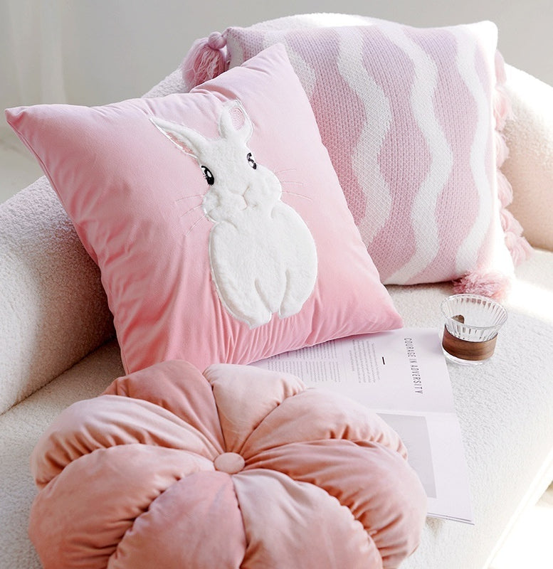 Ins Style Pink Cute Rabbit Pillowcase for Children's Bedroom Headboard Cushion Living Room Sofa Round Pillow