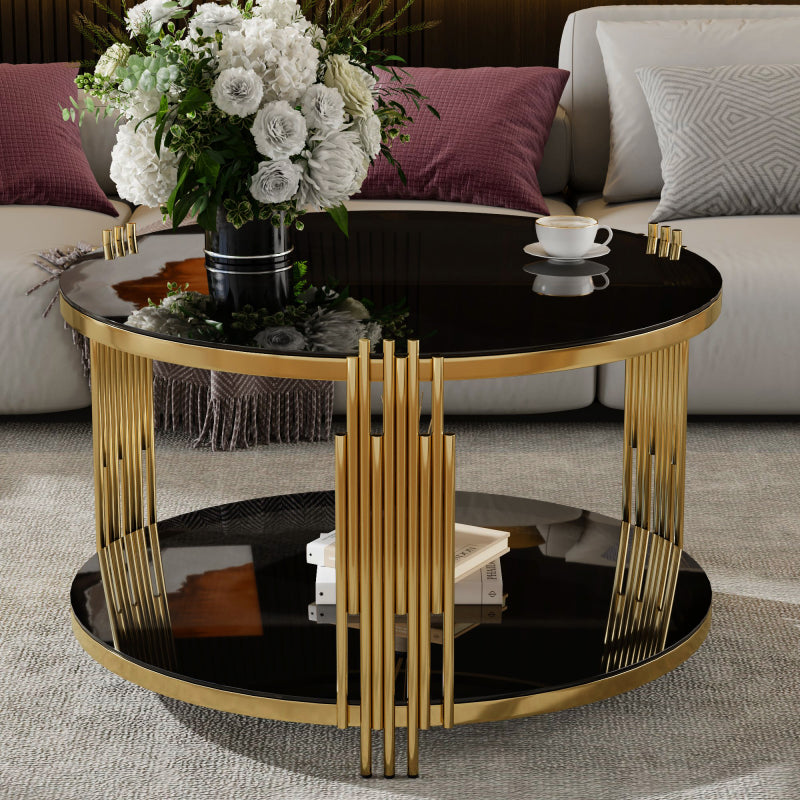 Asymmetrical Gold Coffee Table | Circular Base & Glass Top