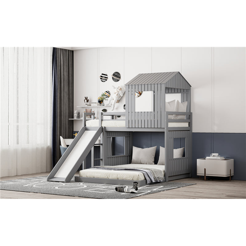Wooden Twin Over Full Bunk Bed with Slide & Ladder – Farmhouse Playhouse Design