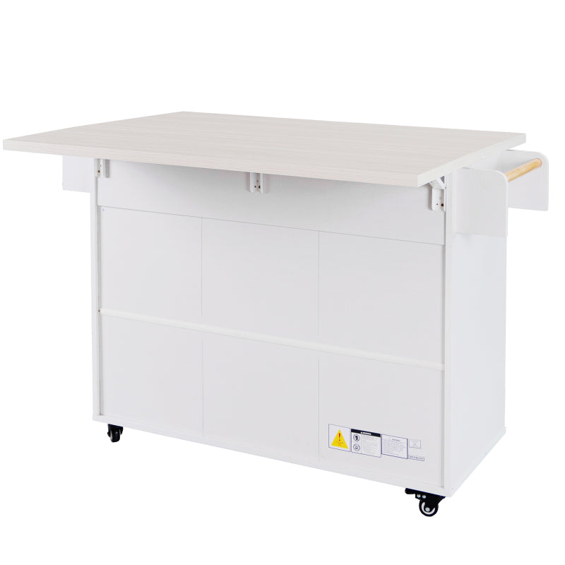 White Kitchen Island with Trash Cabinet & Drop Leaf