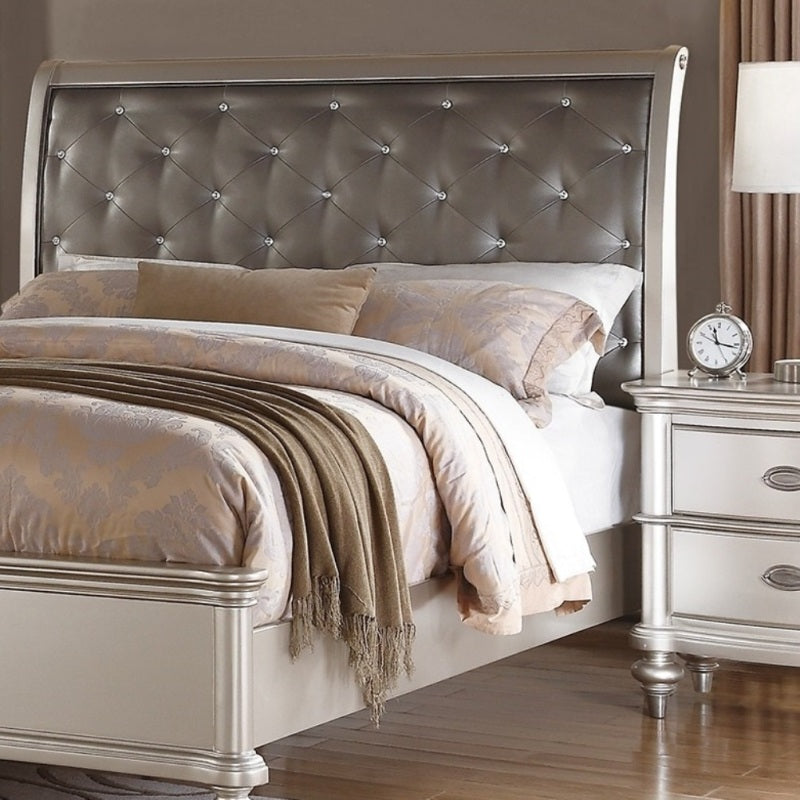 Silver Faux Leather Glamorous 3pc Bedroom Set Queen Size Bed 2x Nightstands Tufted Headboard Furniture