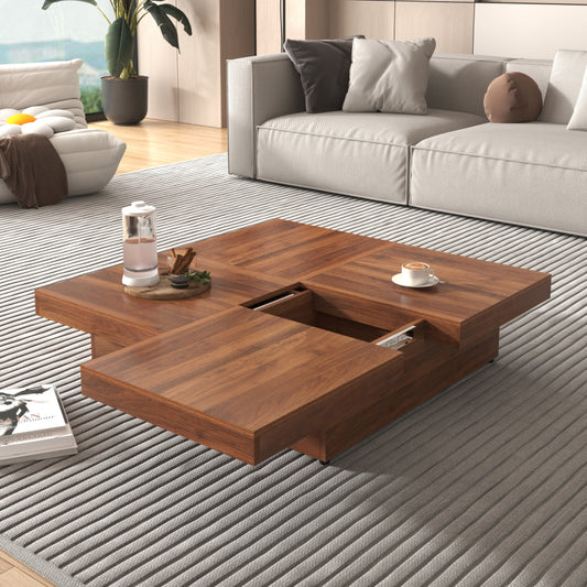 Square Veneer Coffee Table Sliding Top with Storage in Walnut 39.4''