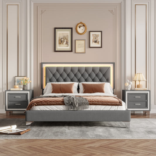 Modern Queen Upholstered Bed Set w/ LED Headboard & Nightstands