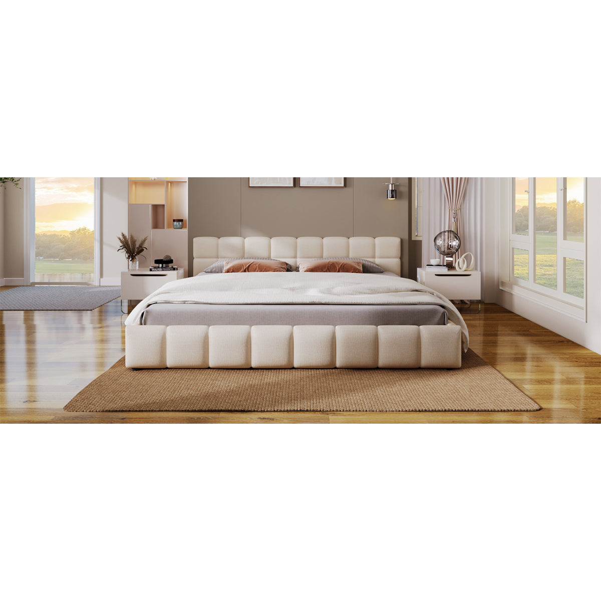 Elegant Beige Chenille Upholstered Bed with Checkerboard Design, King, Beige