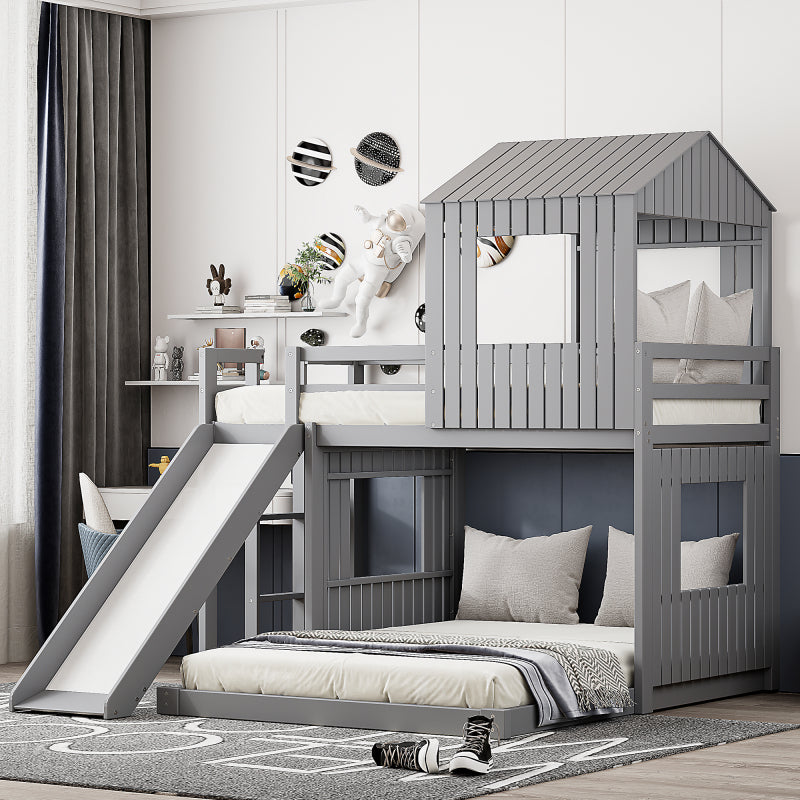 Wooden Twin Over Full Bunk Bed with Slide & Ladder – Farmhouse Playhouse Design