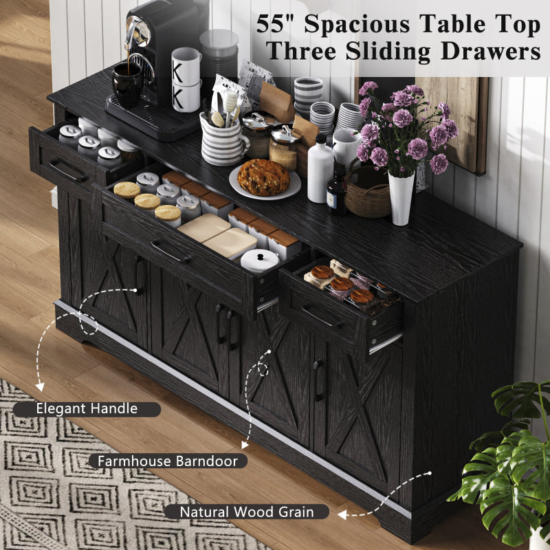 Black Farmhouse Buffet Sideboard with Door Shelves