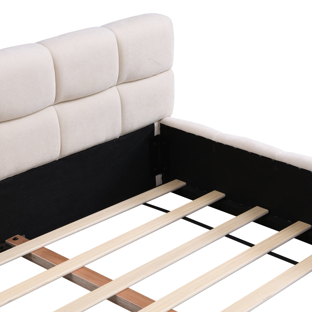 Elegant Beige Chenille Upholstered Bed with Checkerboard Design, King, Beige
